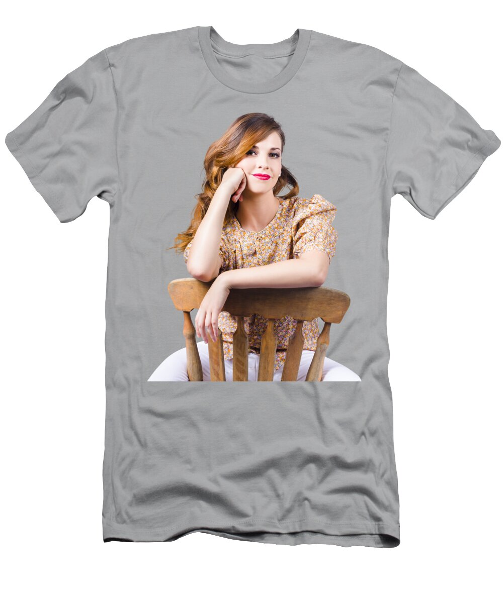Hairstyles T-Shirt featuring the photograph Stylish girl at rest on antique chair by Jorgo Photography