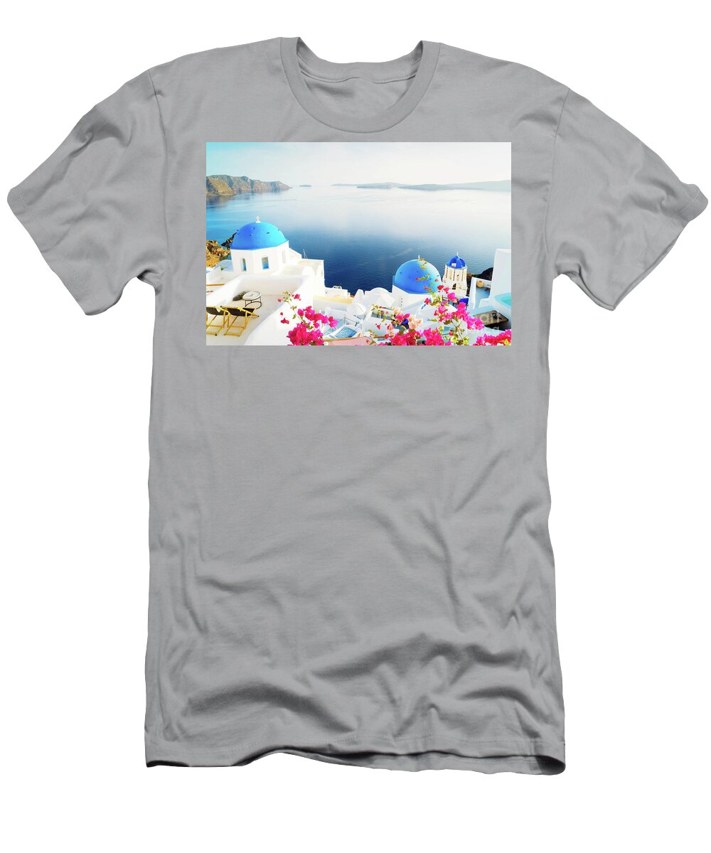 Aegean T-Shirt featuring the photograph Summer Santorini by Anastasy Yarmolovich