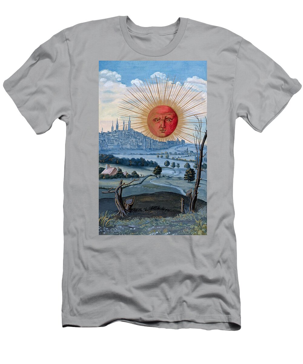 16th Century Art T-Shirt featuring the drawing Sun Rising over the City, from Splendor Solis, circa 16th century by Anonymous