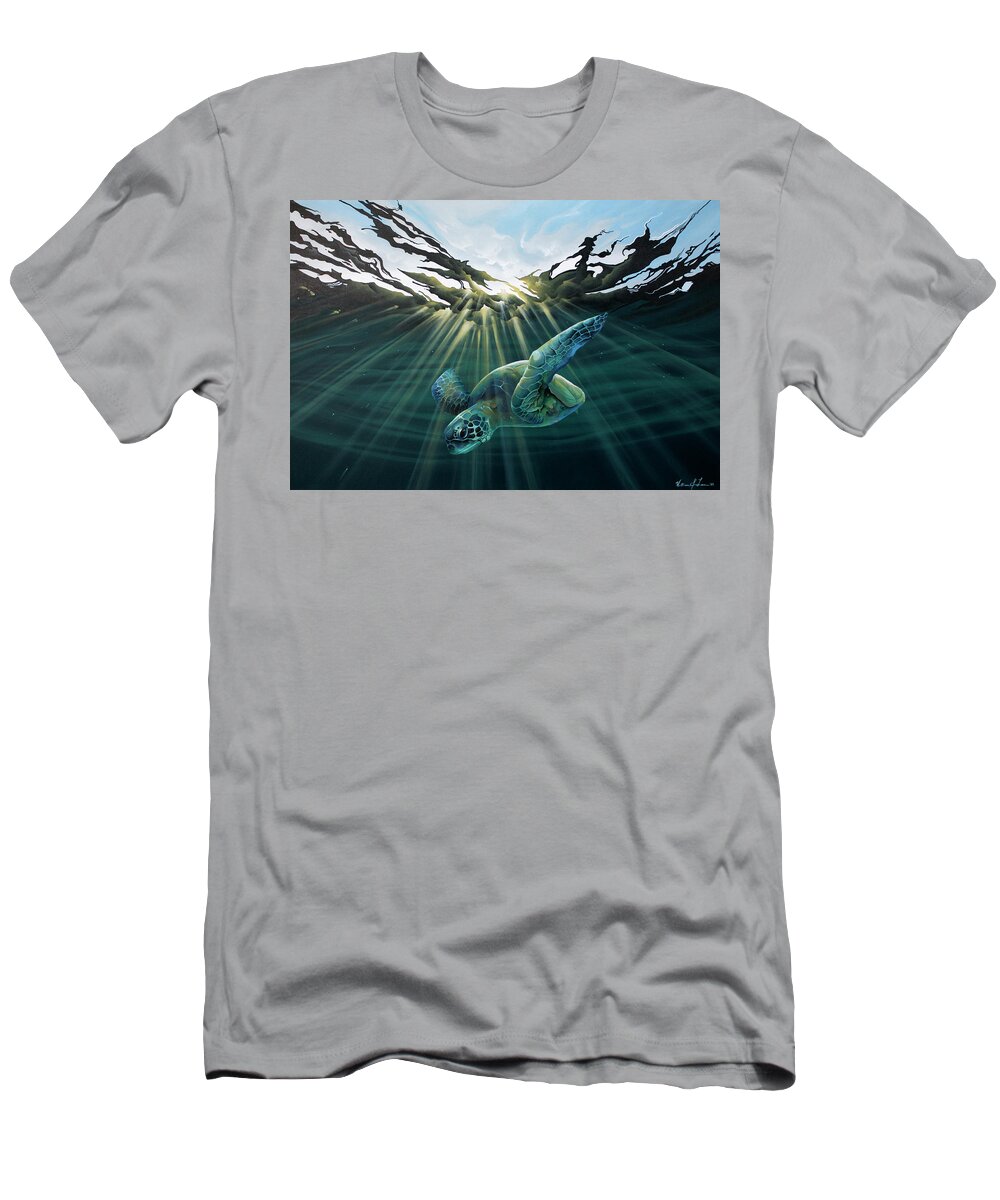 Sea Turtle T-Shirt featuring the painting Sun Seeker by William Love