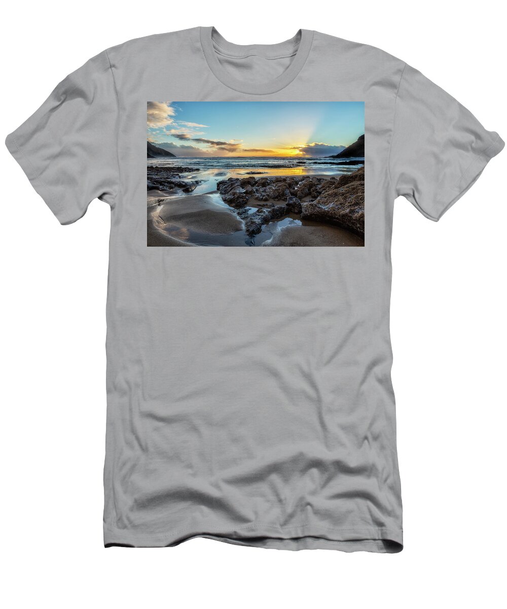 Sunset T-Shirt featuring the photograph Sun Setting at the Heceta Head Lighthouse Beach by Belinda Greb