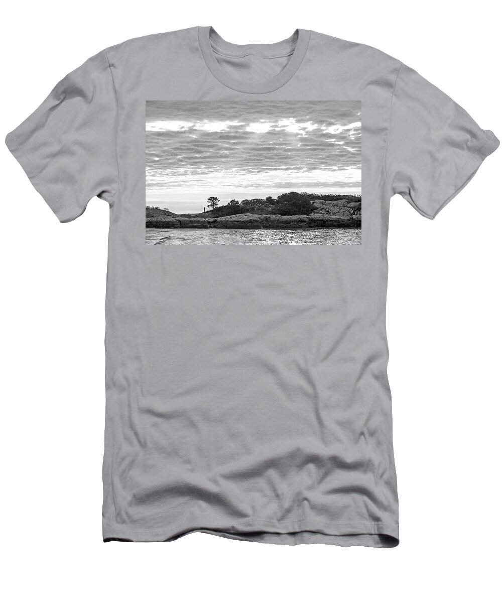 Rockport T-Shirt featuring the photograph Sunbeams coming down on Thacher Lighthouse and Long Beach Rockport Massachusetts Black and White by Toby McGuire