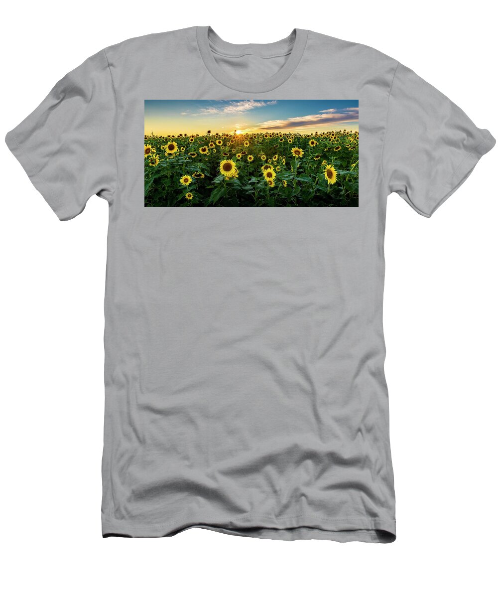 Sunflowers T-Shirt featuring the photograph Sunburst Sunset - Pano by Harold Rau