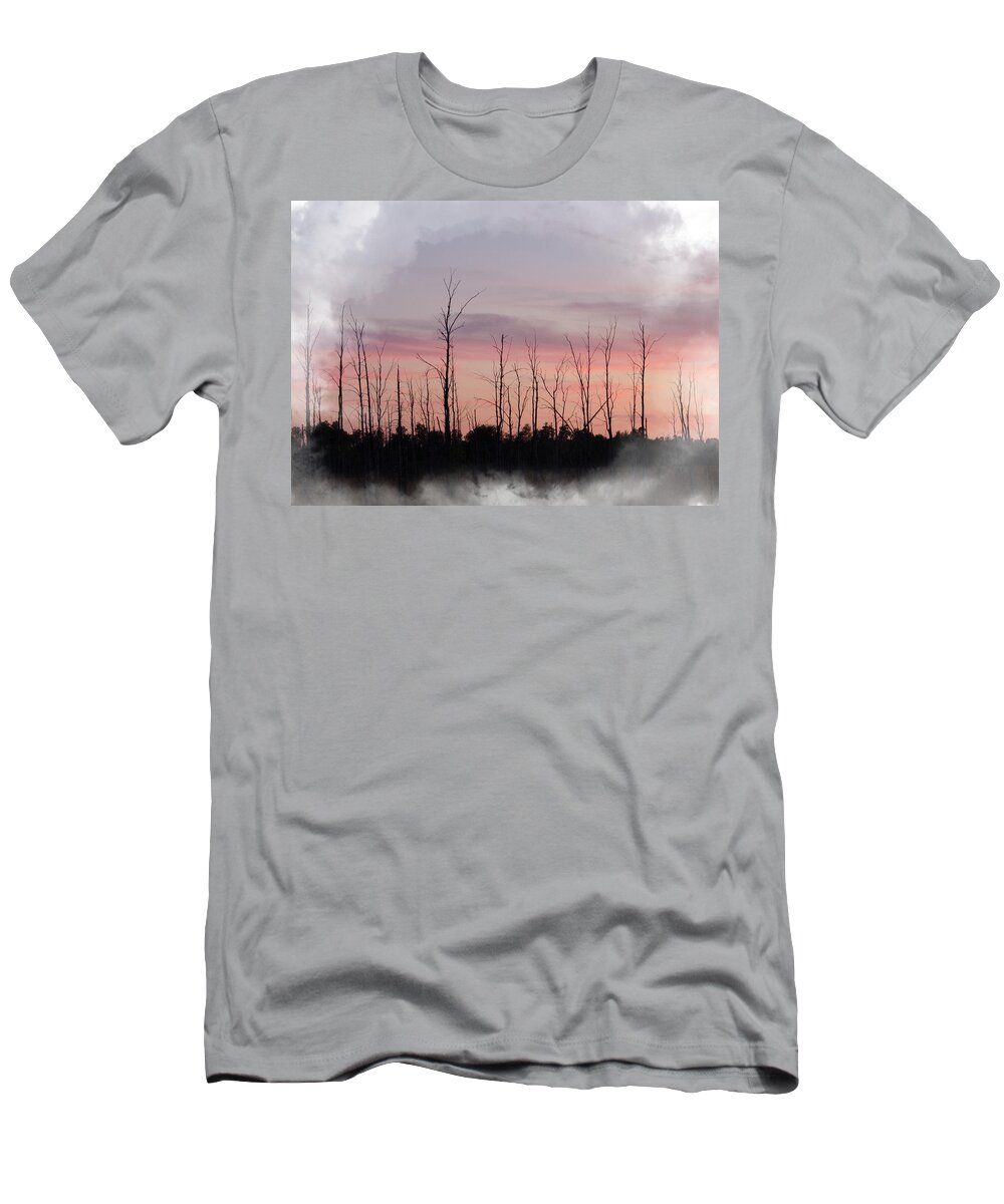 Trees T-Shirt featuring the mixed media Sundown by Moira Law