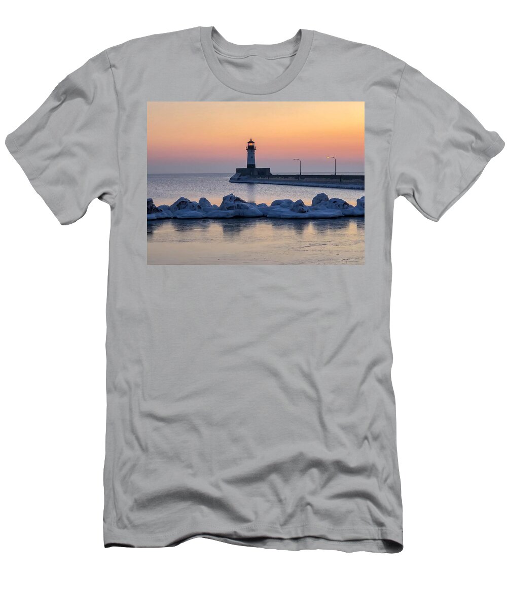 Lake Superior T-Shirt featuring the photograph Sunrise at North Pier Lighthouse by Susan Rydberg