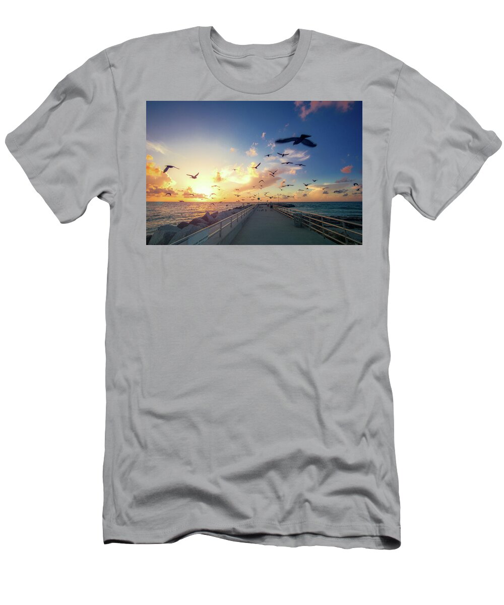 Captain Kimo T-Shirt featuring the photograph Sunrise Jupiter Inlet Pigeons Over the Jetty by Kim Seng