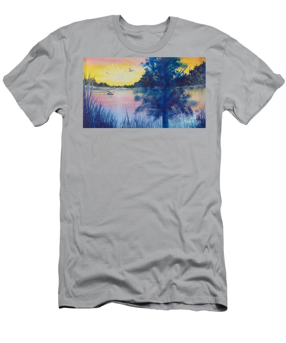 Fisherman T-Shirt featuring the painting Sunrise on the Lake by Saundra Johnson