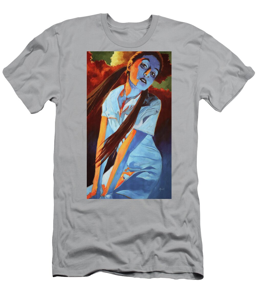 Girl T-Shirt featuring the painting Sunset Girl Diptyque by Sv Bell