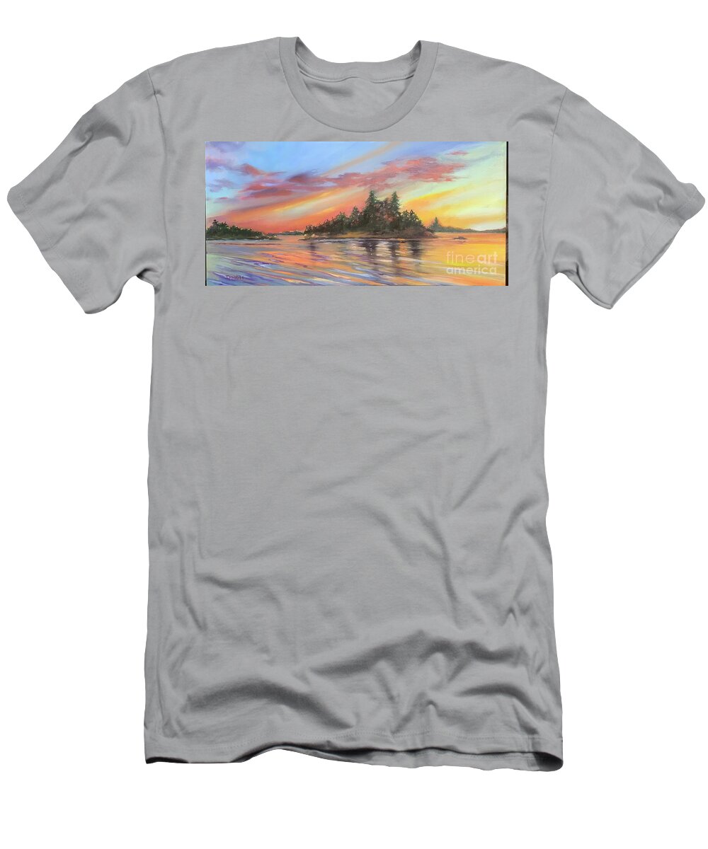 Waterscape T-Shirt featuring the painting Sunset Lake by Lori Ippolito