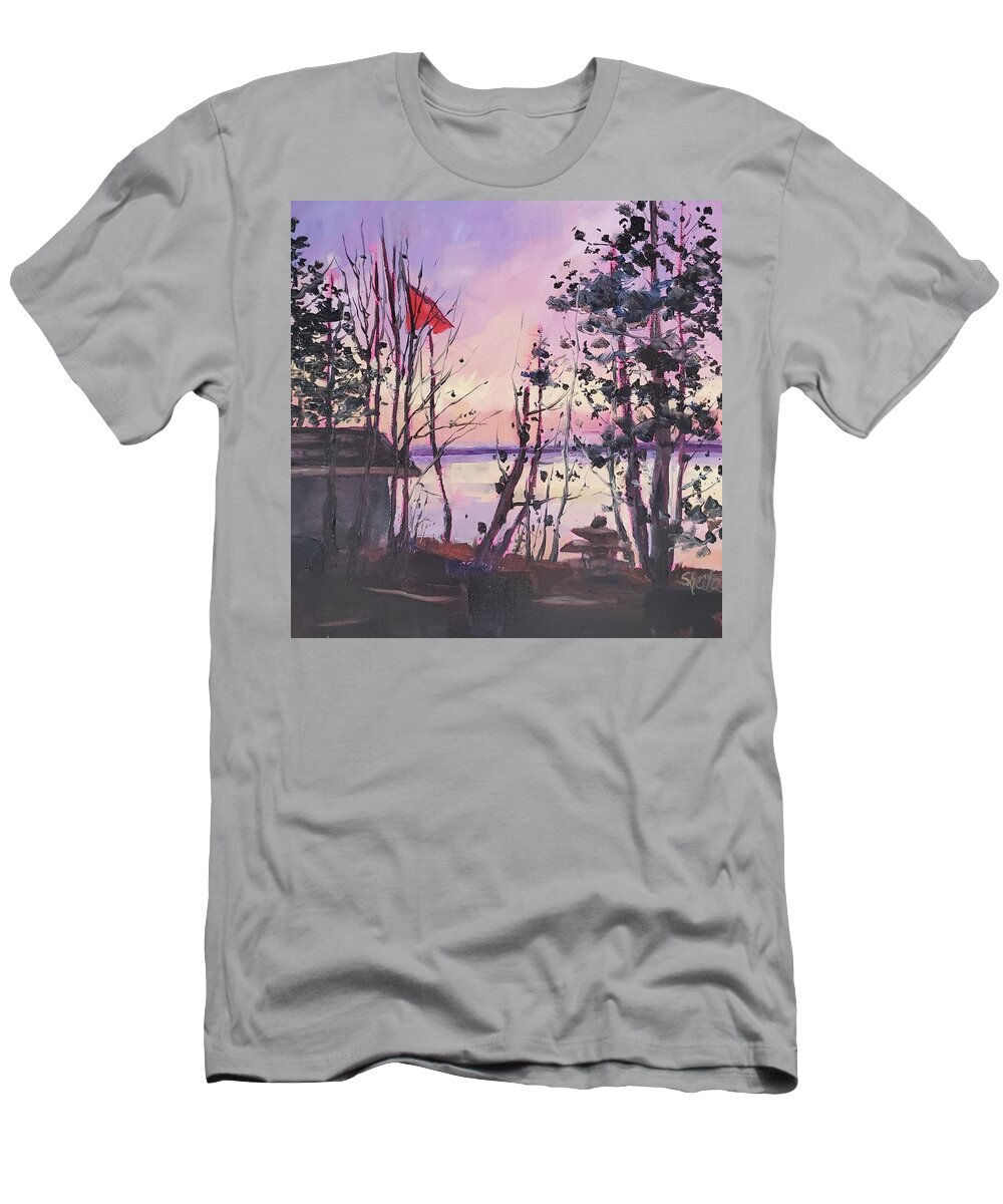 Landscape T-Shirt featuring the painting Sunset Lakeside by Sheila Romard