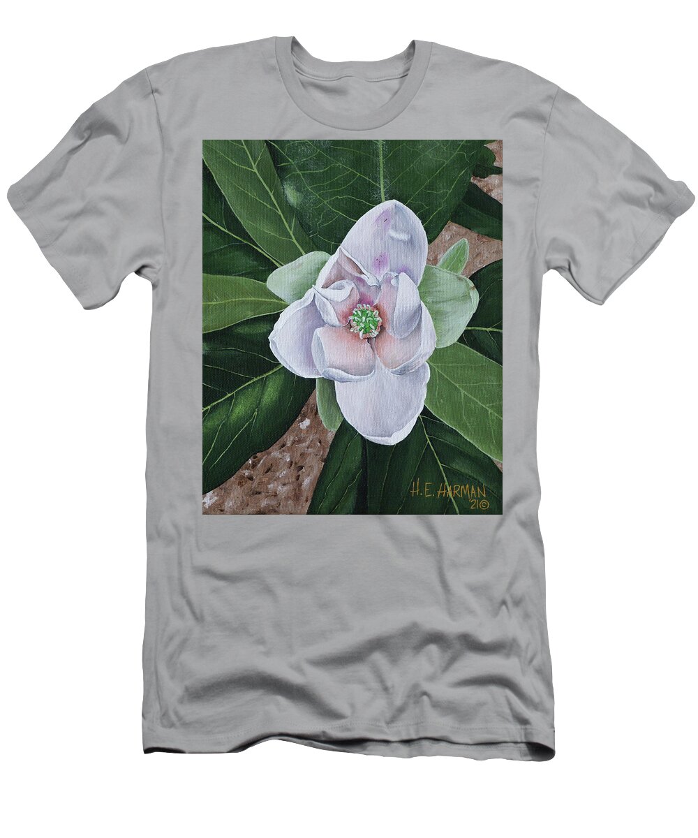 Sweetbay Magnolia T-Shirt featuring the painting Sweetbay Magnolia by Heather E Harman