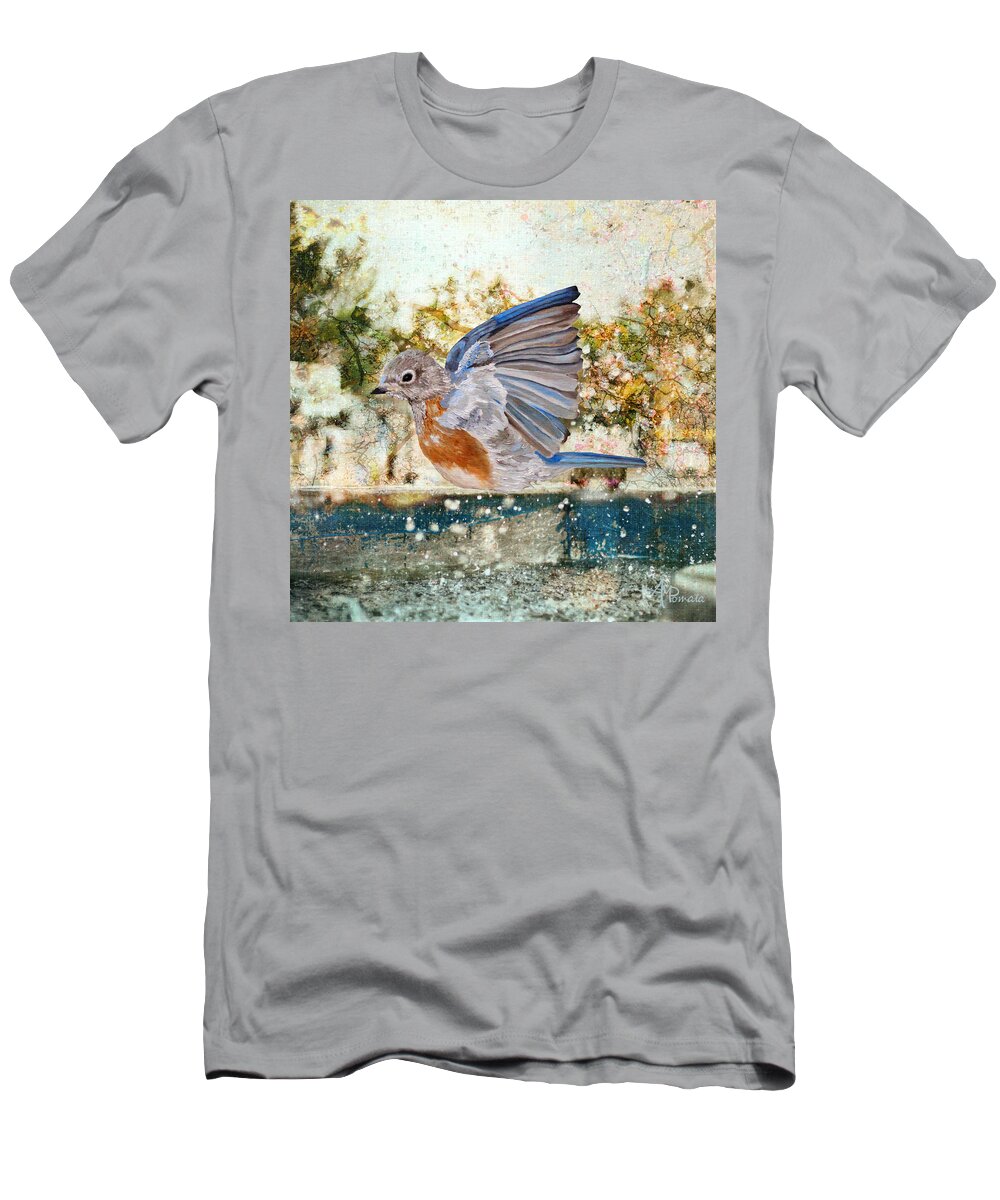 Bluebird T-Shirt featuring the painting Swinging In The Rain by Angeles M Pomata