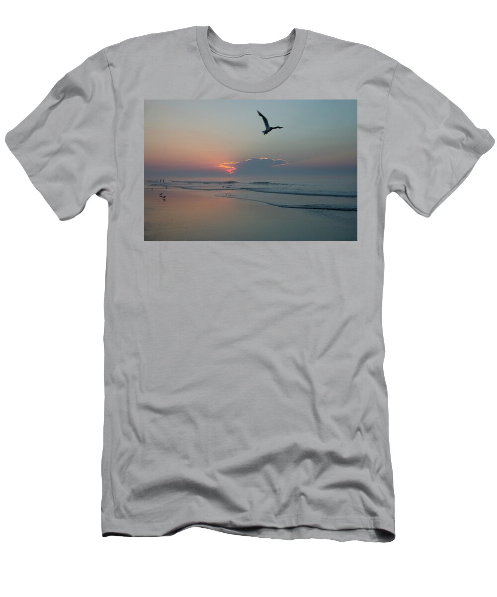 Taking T-Shirt featuring the photograph Taking Flight at Sunrise - Wildwood Crest New Jersey by Bill Cannon