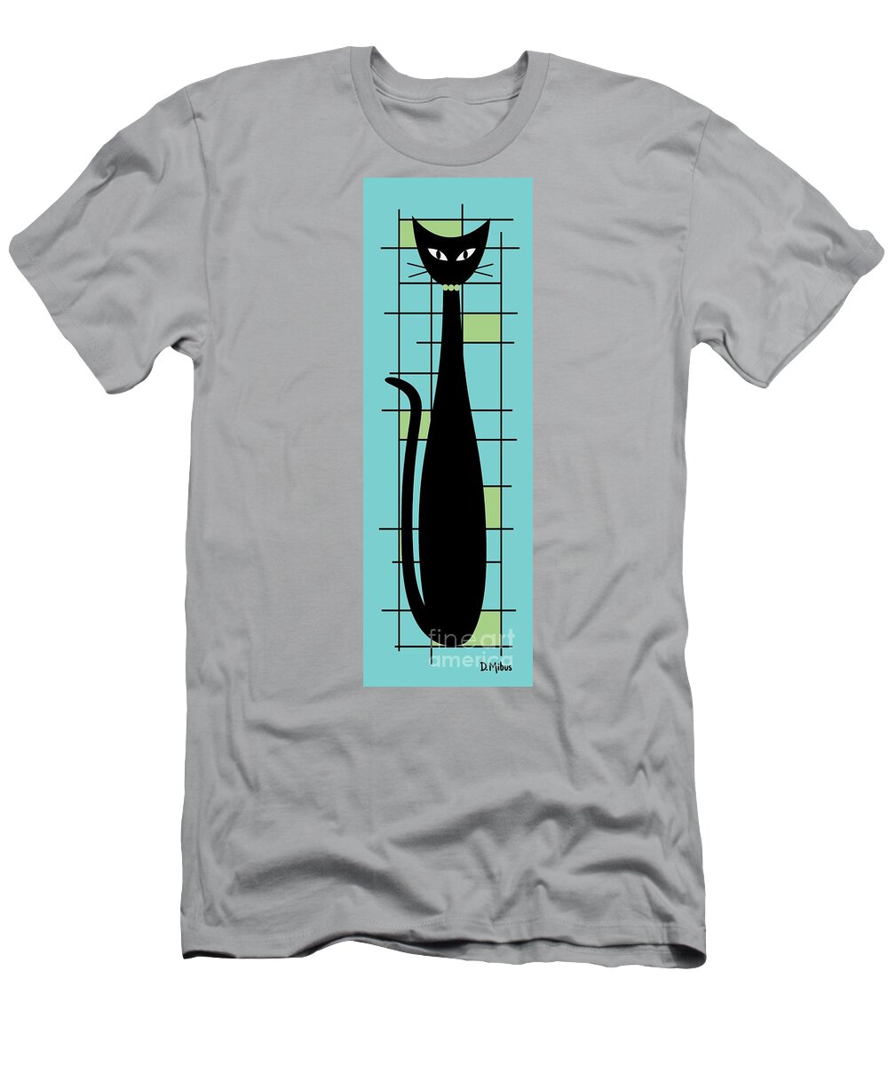 Mid Century Modern Cat T-Shirt featuring the digital art Tall Mondrian Cat on Blue by Donna Mibus