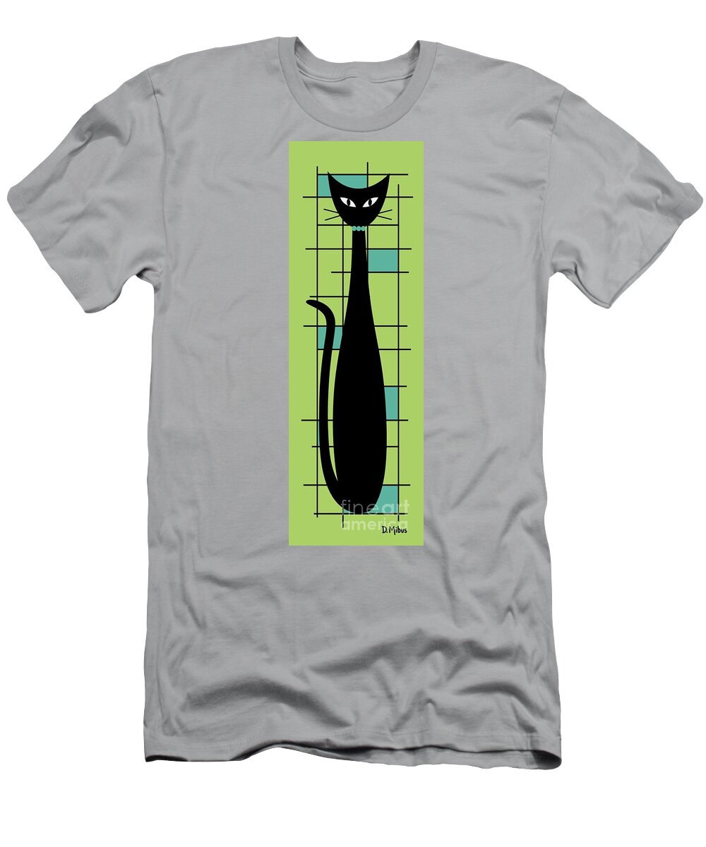 Mid Century Modern Cat T-Shirt featuring the digital art Tall Mondrian Cat on Green by Donna Mibus
