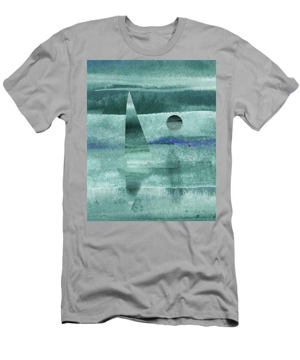 Sailboat Sea T-Shirt featuring the painting Teal Blue Gray Sailboat At The Ocean Shore Seascape Painting Beach House Art I by Irina Sztukowski