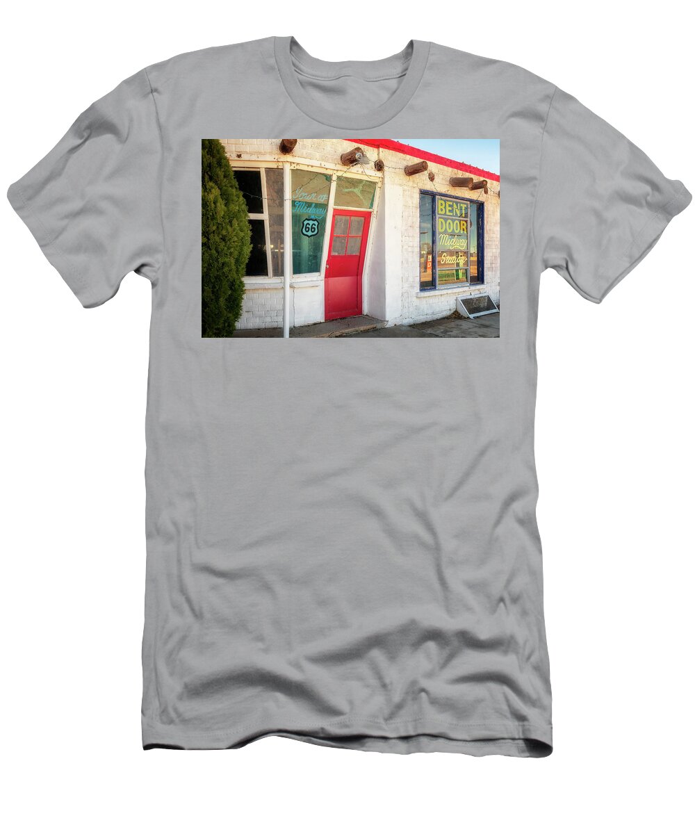 Route 66 T-Shirt featuring the photograph The Bent Door - Adrian, Texas - Route 66 by Susan Rissi Tregoning