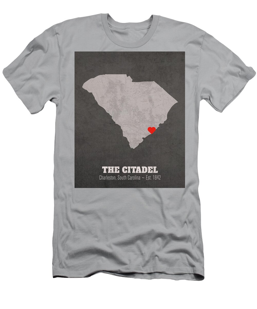 The Citadel T-Shirt featuring the mixed media The Citadel The Military College of South Carolina Charleston South Carolina Founded Date Heart Map by Design Turnpike