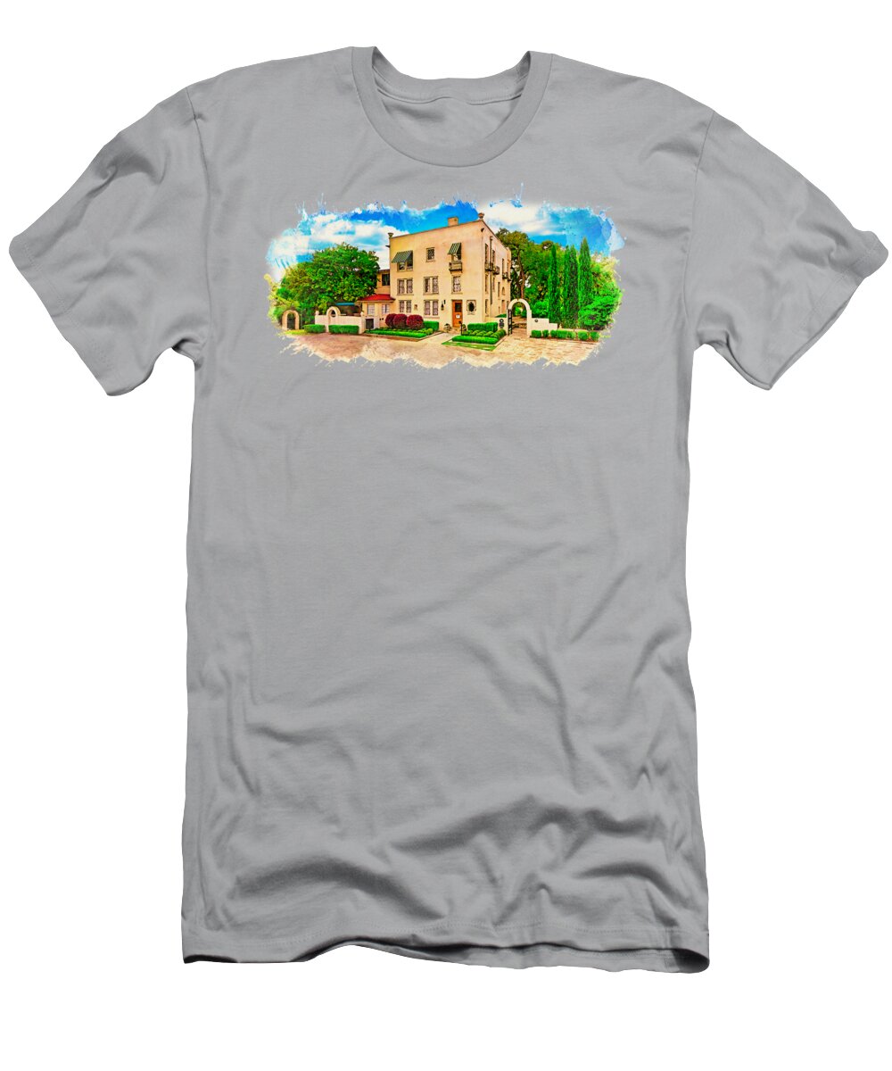 Contemporary Austin T-Shirt featuring the digital art The Contemporary Austin - Laguna Gloria - watercolor painting by Nicko Prints