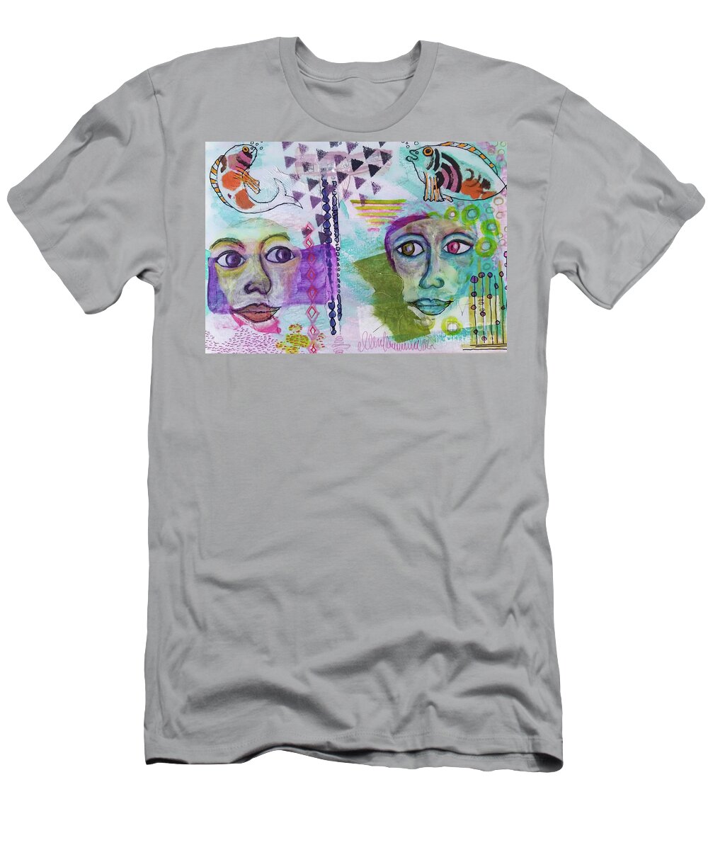 Mystery T-Shirt featuring the mixed media The Day the Fish Stopped Singing by Mimulux Patricia No