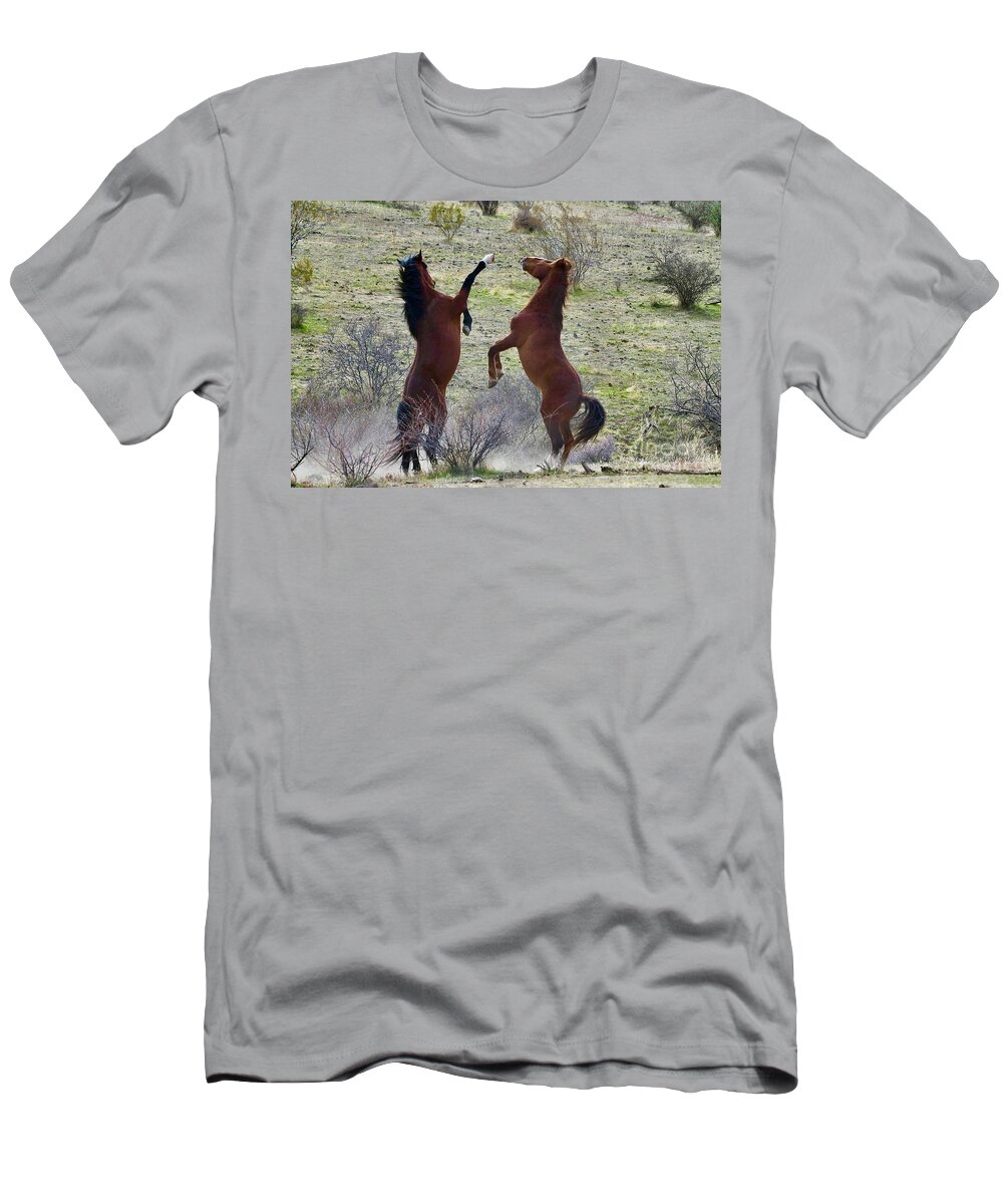 Salt River Wild Horse T-Shirt featuring the digital art The Fight Is On by Tammy Keyes