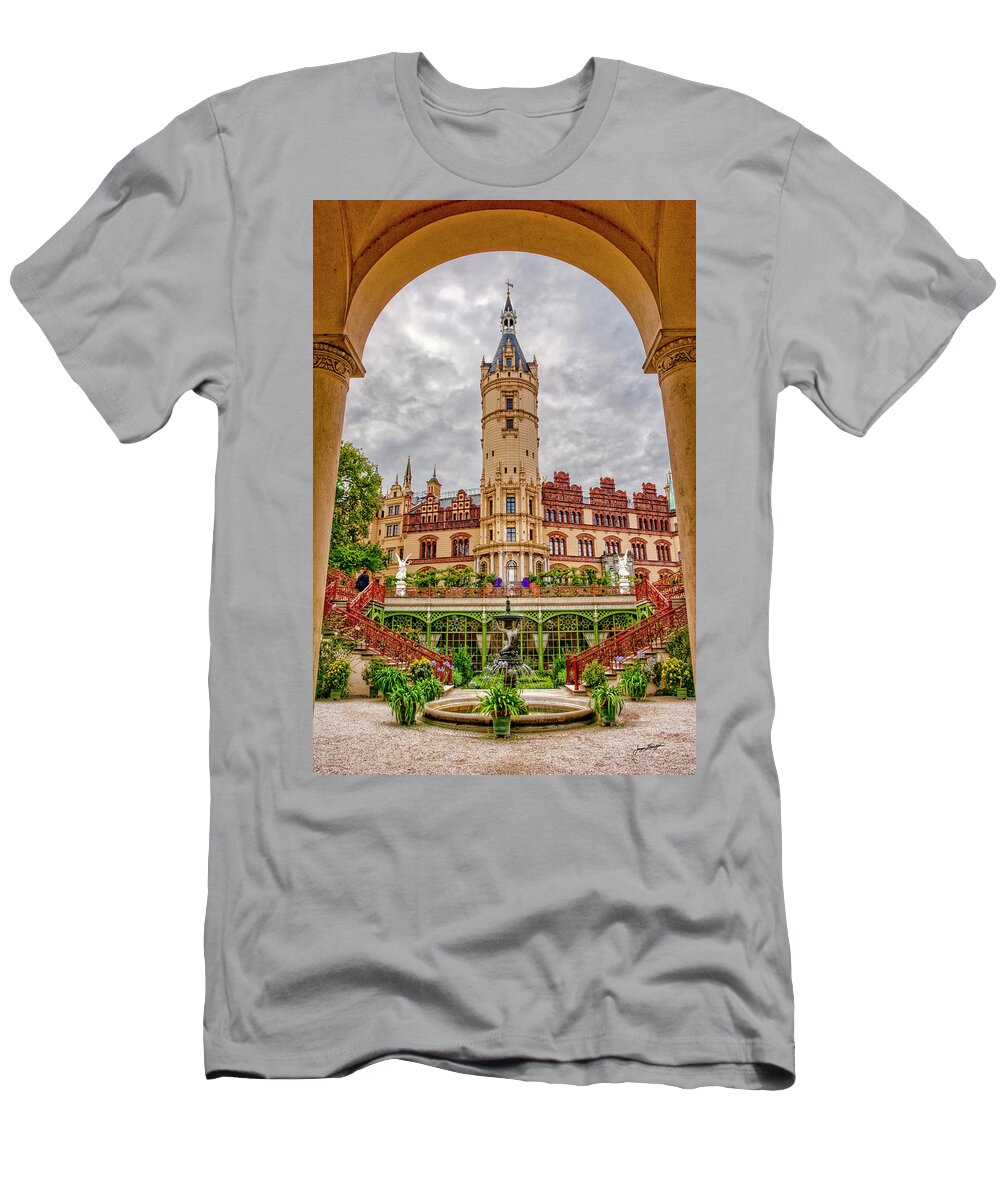 Schwerin Palace T-Shirt featuring the photograph The Garden Courtyard of Schwerin Castle by Jurgen Lorenzen