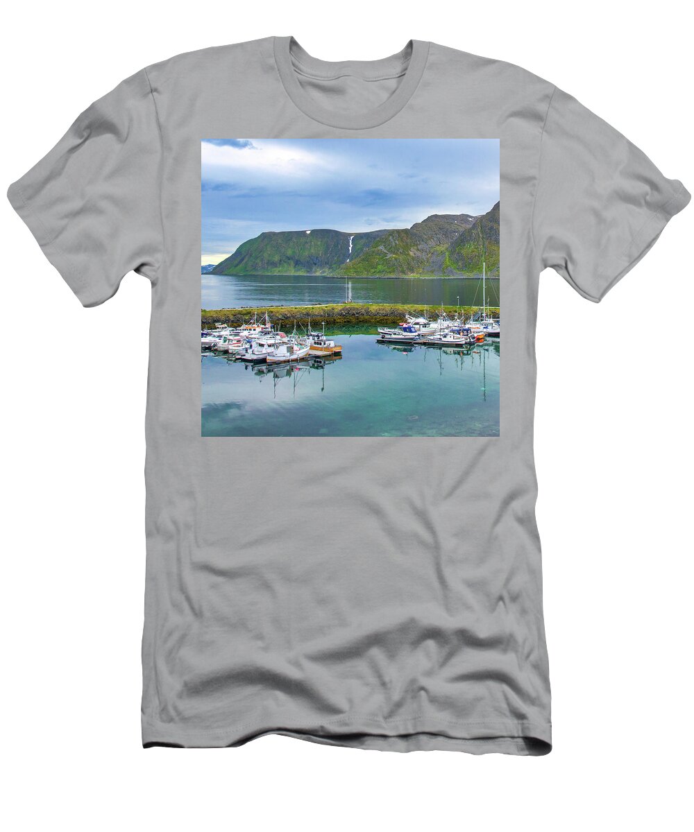 Boat T-Shirt featuring the photograph The Harbor in Honningsvag, Norway by Matthew DeGrushe