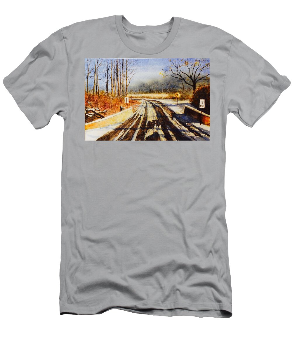 Just One Of Those Old Country Roads In The Midwest. In The Heart Of The Winter T-Shirt featuring the painting The Heart of Winter by John Glass