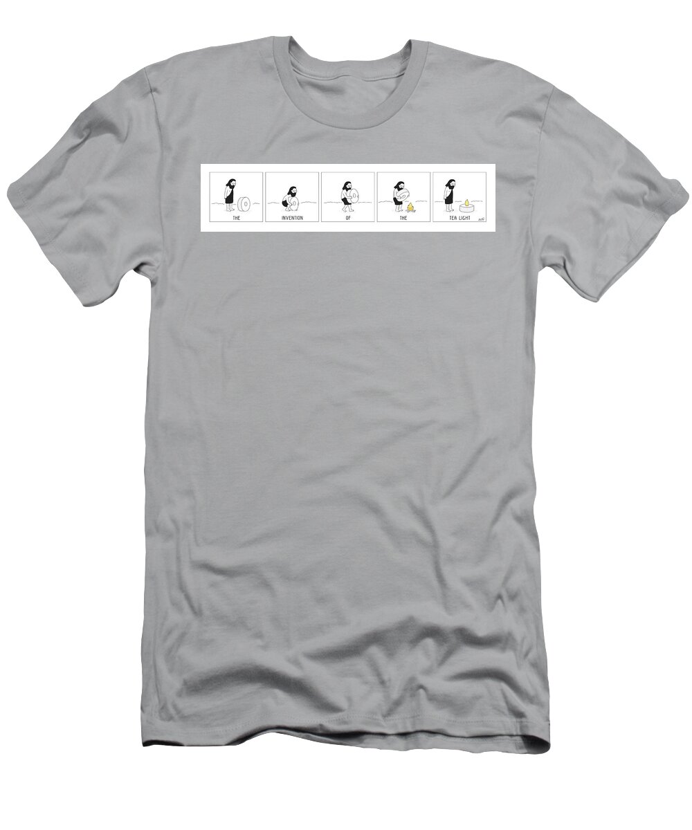 Captionless T-Shirt featuring the drawing The Invention of the Tea Light by Seth Fleishman