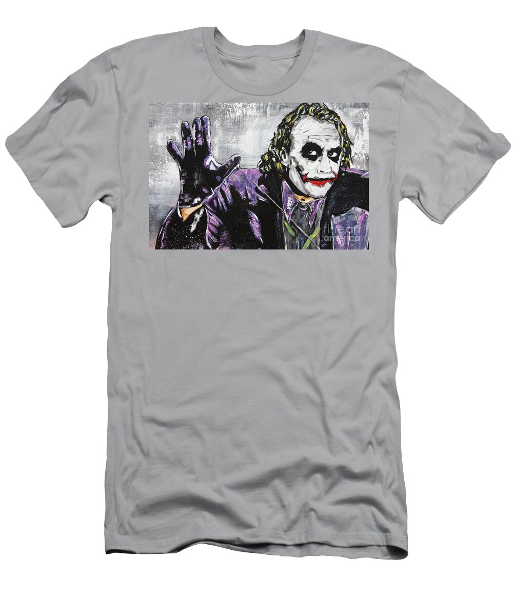 Heath Ledger T-Shirt featuring the painting The Joker Face Painting by Kathleen Artist PRO