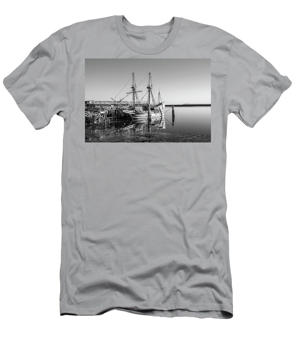 Plymouth T-Shirt featuring the photograph The Mayflower II Mayflower Ship Replica Plymouth Massachusetts Black and White by Toby McGuire