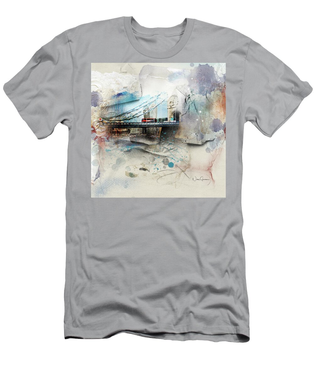 Towerbridge T-Shirt featuring the digital art The Red Bus Crossing Tower Bridge by Nicky Jameson