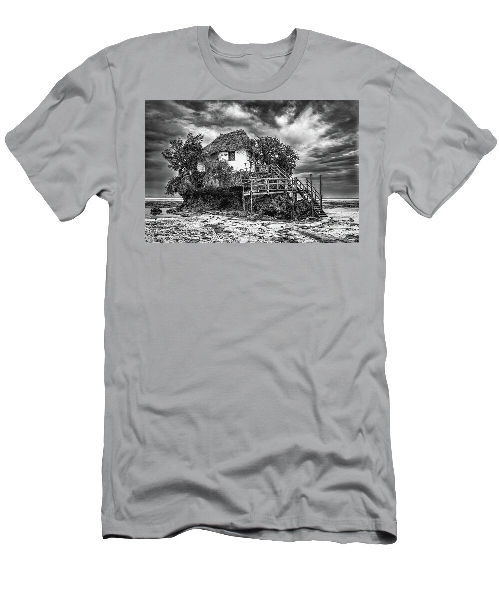 Bungalow T-Shirt featuring the photograph The Rock, Zanzibar black and white by Lyl Dil Creations