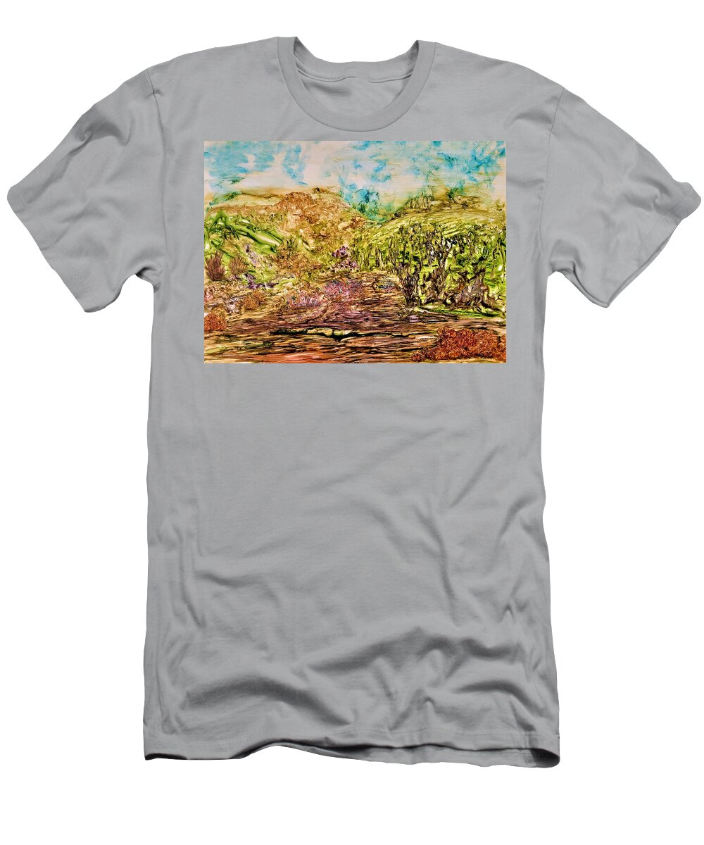 Watery T-Shirt featuring the painting The Valley in Spring by Angela Marinari