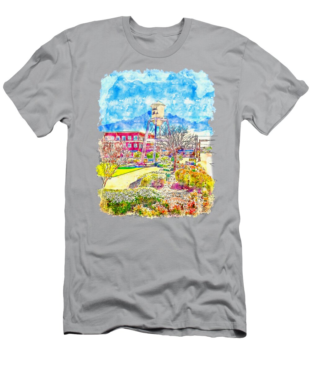 Water Tower T-Shirt featuring the digital art The Water tower in Market Square, Grand Prairie, Texas - pen sketch and watercolor by Nicko Prints