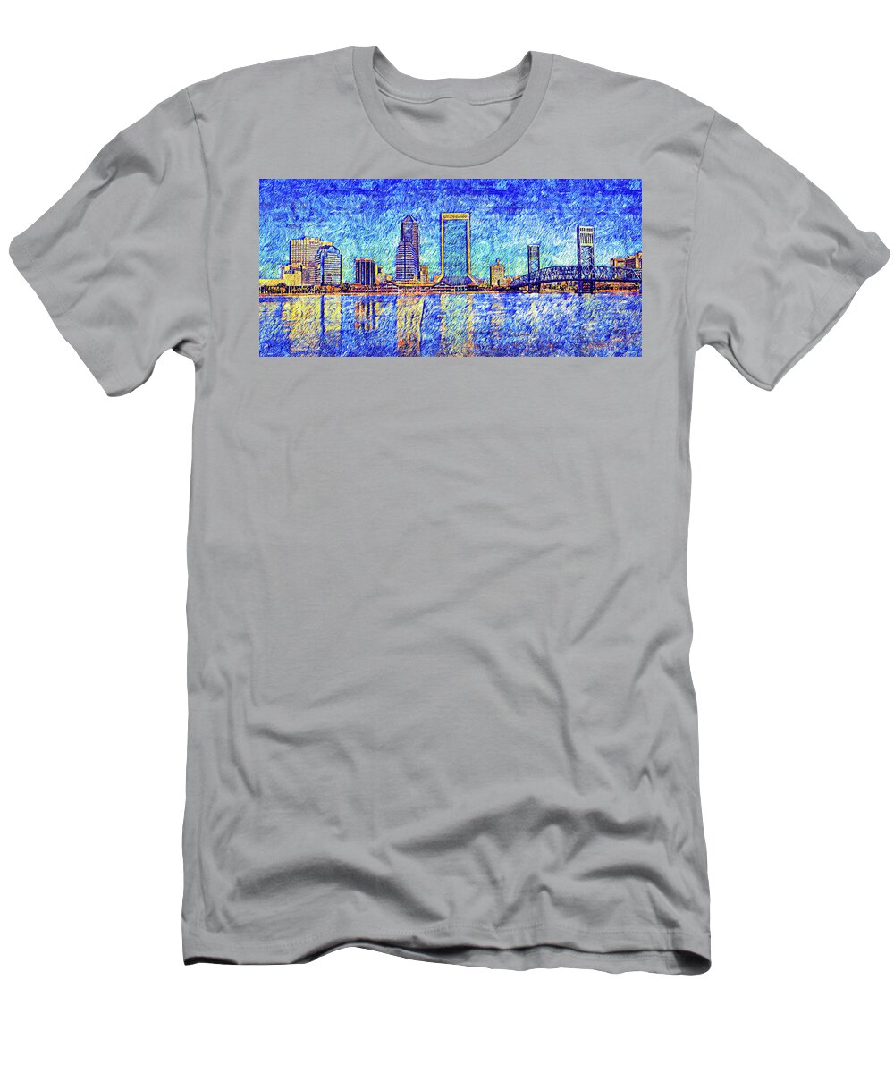 Downtown Jacksonville T-Shirt featuring the digital art The waterfront of downtown Jacksonville, Florida - digital painting by Nicko Prints