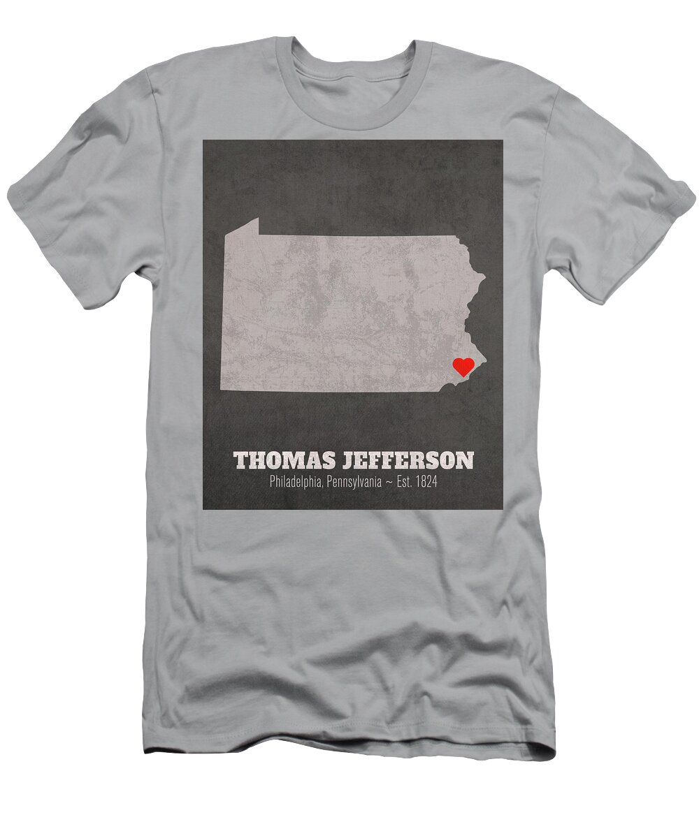 Thomas Jefferson University T-Shirt featuring the mixed media Thomas Jefferson University Philadelphia Pennsylvania Founded Date Heart Map by Design Turnpike