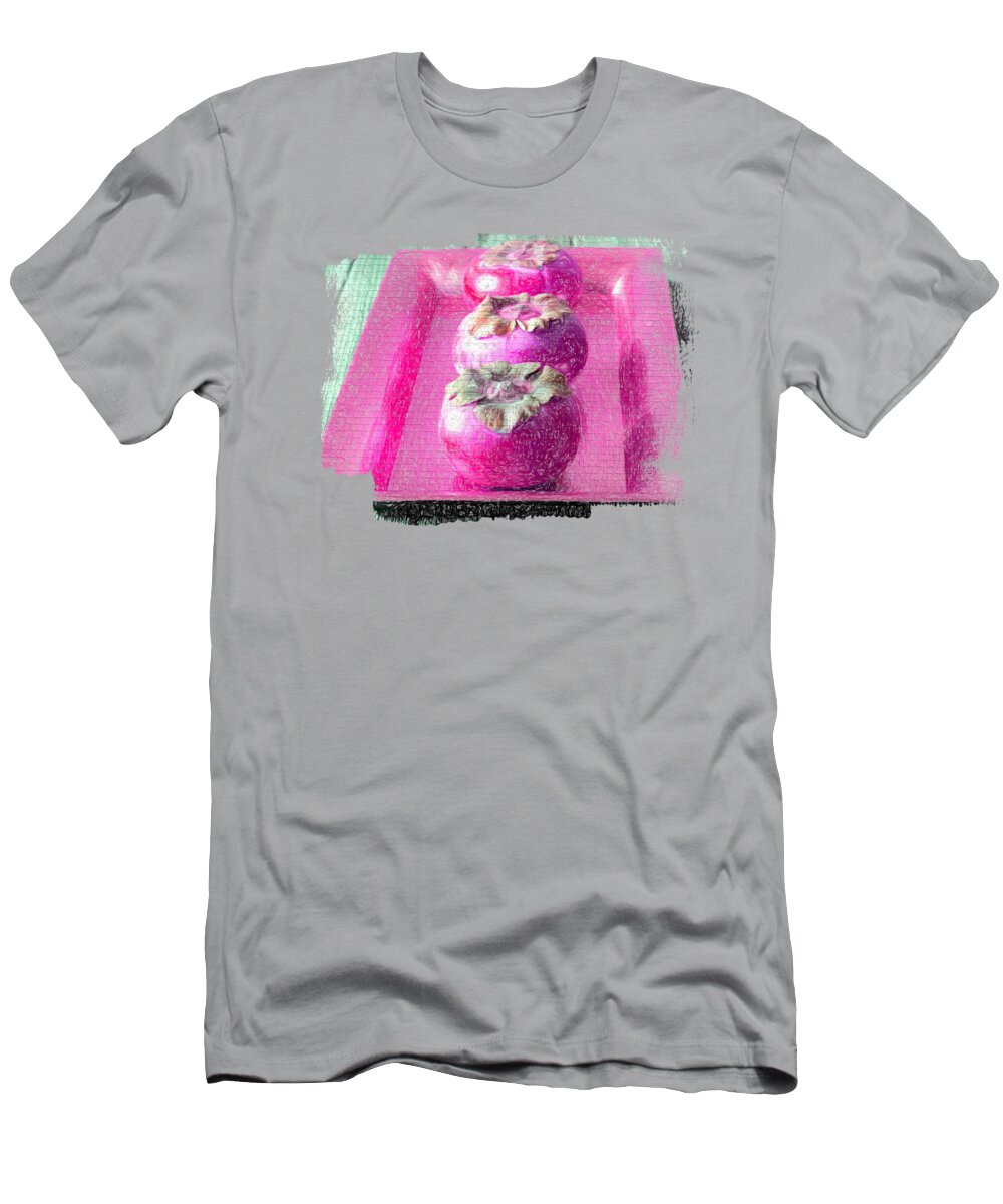 Persimmons T-Shirt featuring the digital art Three Pink Persimmons by Elisabeth Lucas