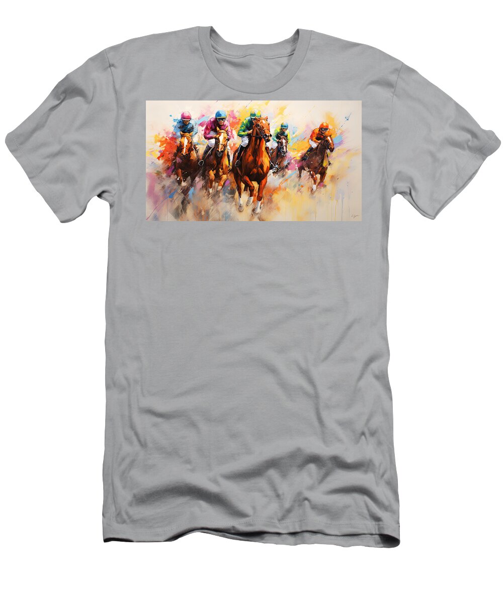 Horse Racing T-Shirt featuring the painting Thrill of the Race - Colorful Horse Racing Impressionist Art by Lourry Legarde