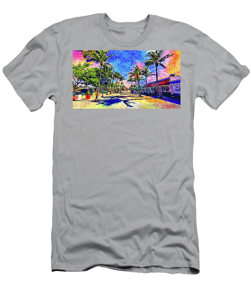 Fort Myers T-Shirt featuring the digital art Times Square, Fort Myers, at sunrise - impressionist painting by Nicko Prints
