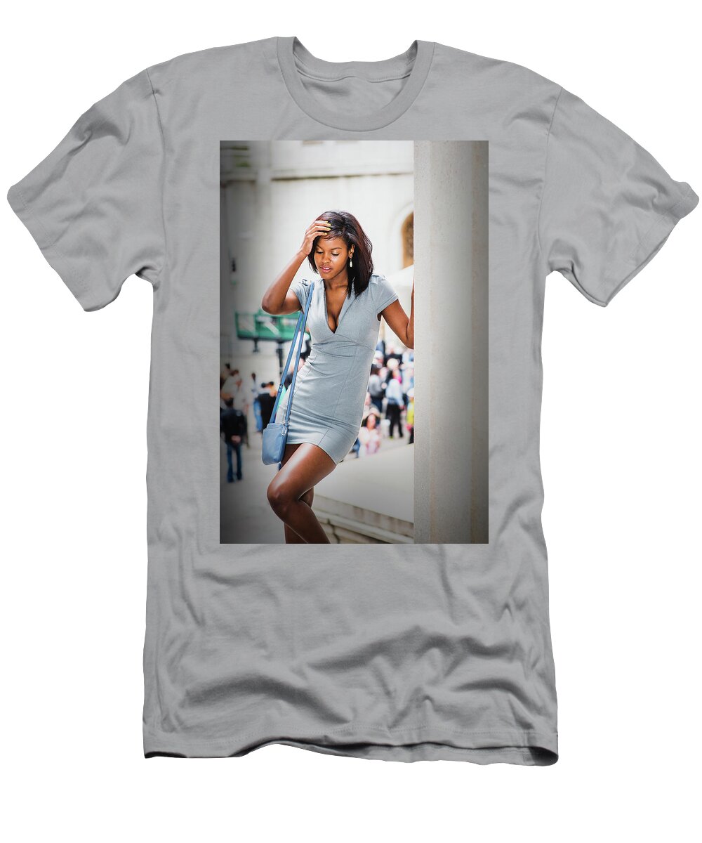 African T-Shirt featuring the photograph Tired African American Businesswoman traveling, working in New Y by Alexander Image
