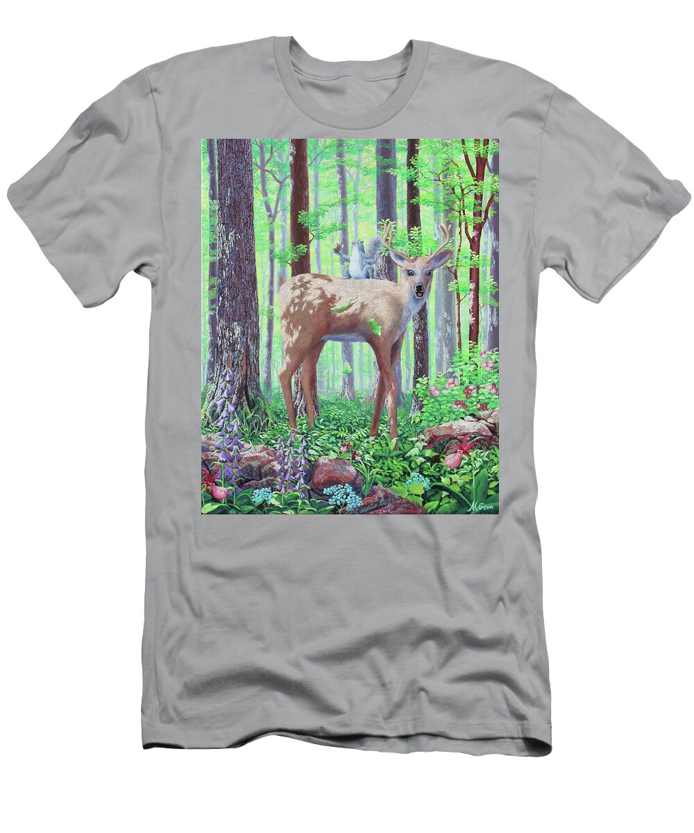 Deer T-Shirt featuring the painting Touchdown by Michael Goguen