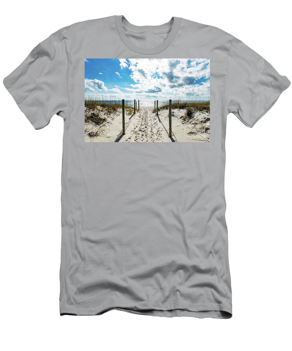 Footprints T-Shirt featuring the photograph Trail of Footprints to the Beach by Beachtown Views
