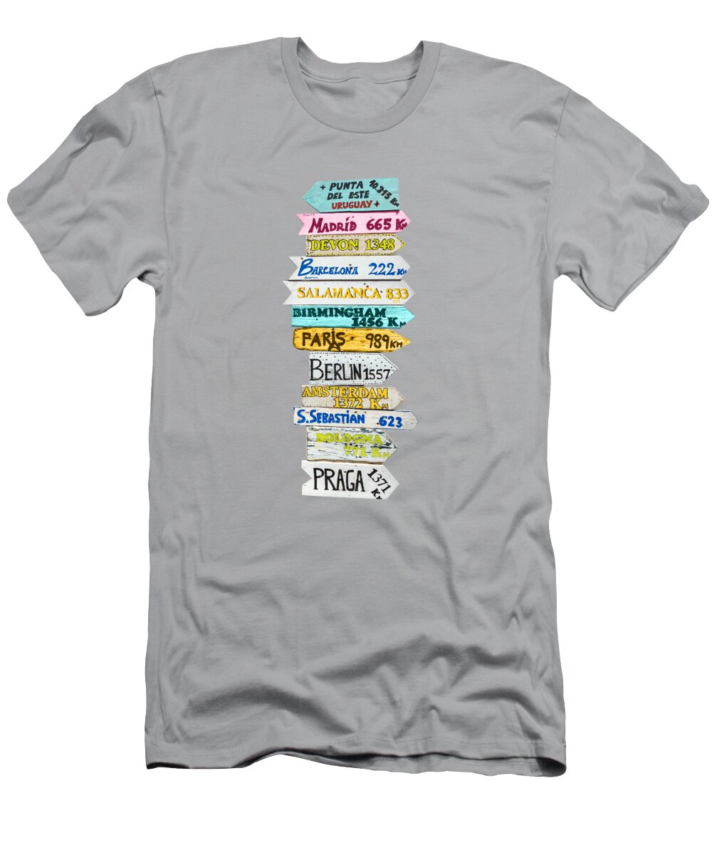 Travel T-Shirt featuring the photograph Travel direction signs on the beach by Delphimages Photo Creations