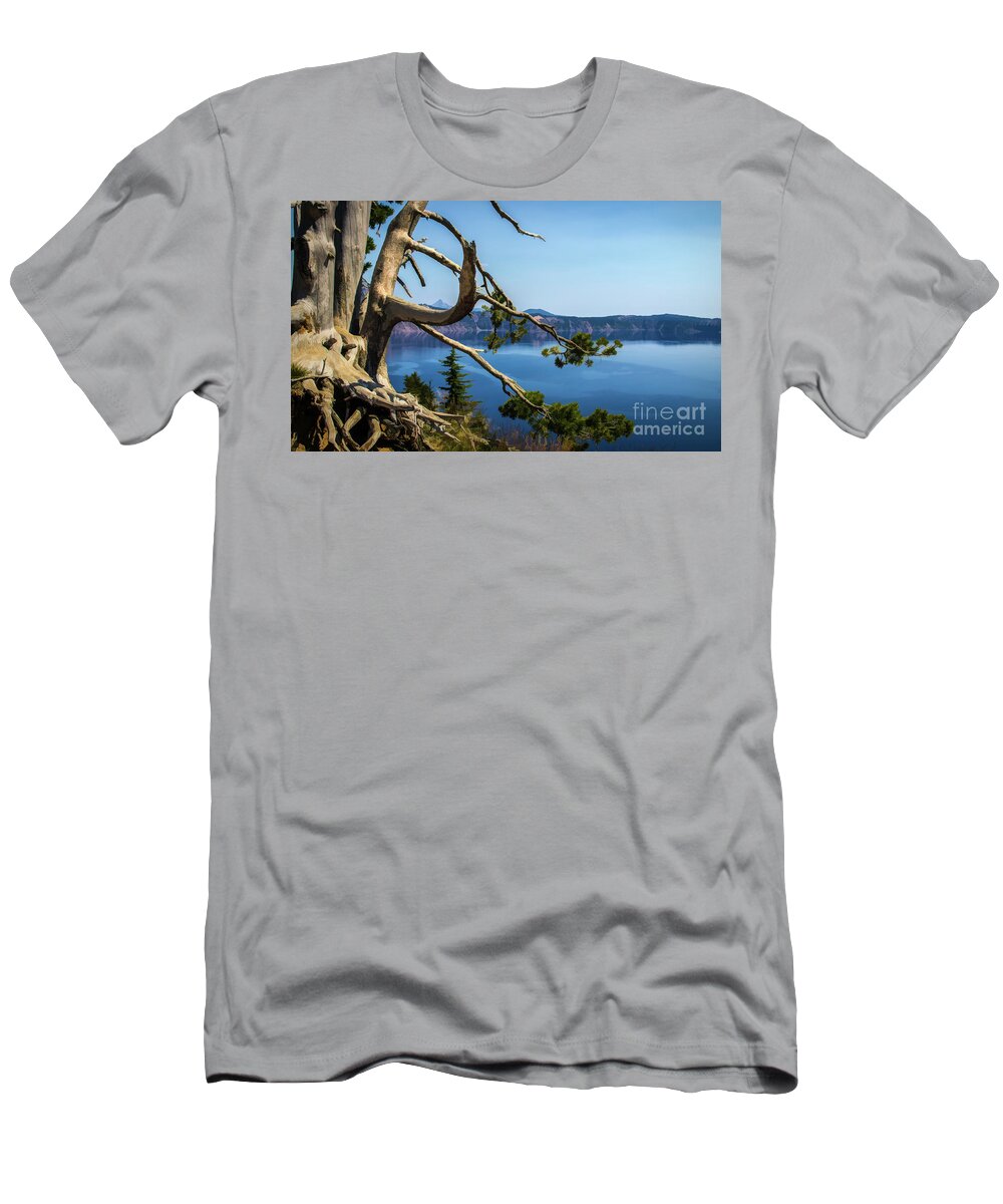 Crater Lake T-Shirt featuring the photograph Tree overlooking Crater Lake, Oregon by Roslyn Wilkins