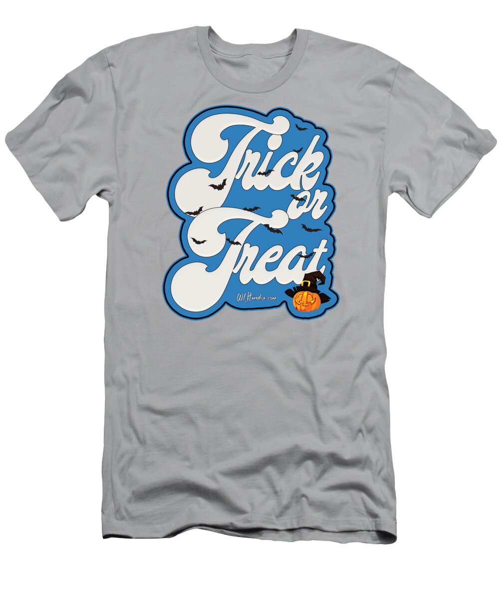 Trick Or Treat T-Shirt featuring the digital art Trick or Treat Fun Word Art with Spooky Bats by Walter Herrit