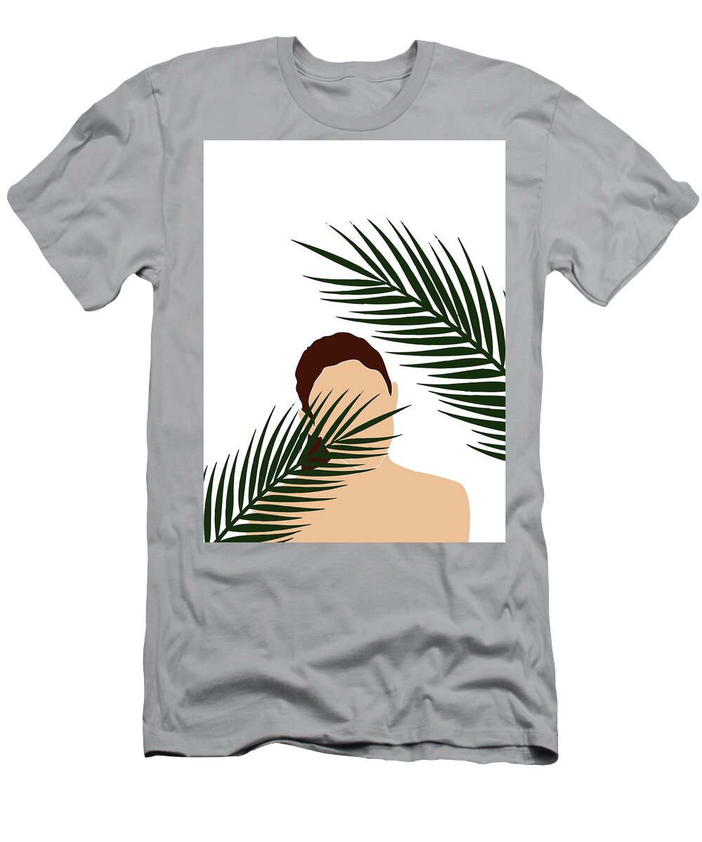 Tropical T-Shirt featuring the mixed media Tropical Reverie 16 - Modern, Minimal Illustration - Girl and Palm Leaves - Aesthetic Tropical Vibes by Studio Grafiikka