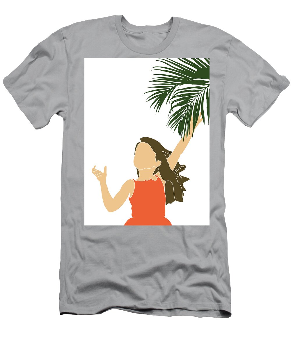 Tropical T-Shirt featuring the mixed media Tropical Reverie 20 - Modern, Minimal Illustration - Girl and Palm Leaves - Aesthetic Tropical Vibes by Studio Grafiikka