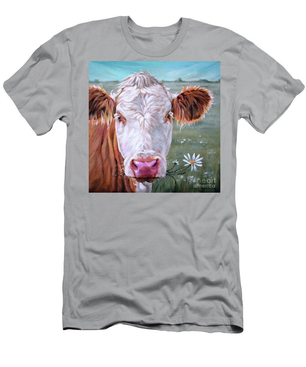 Cow T-Shirt featuring the painting Trouble 3.0 - White Face Cow Painting by Annie Troe