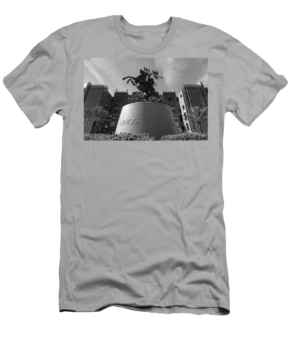 Florida State T-Shirt featuring the photograph Unconquered statue in front of Doak Campbell Stadium at Florida State University in black and white by Eldon McGraw